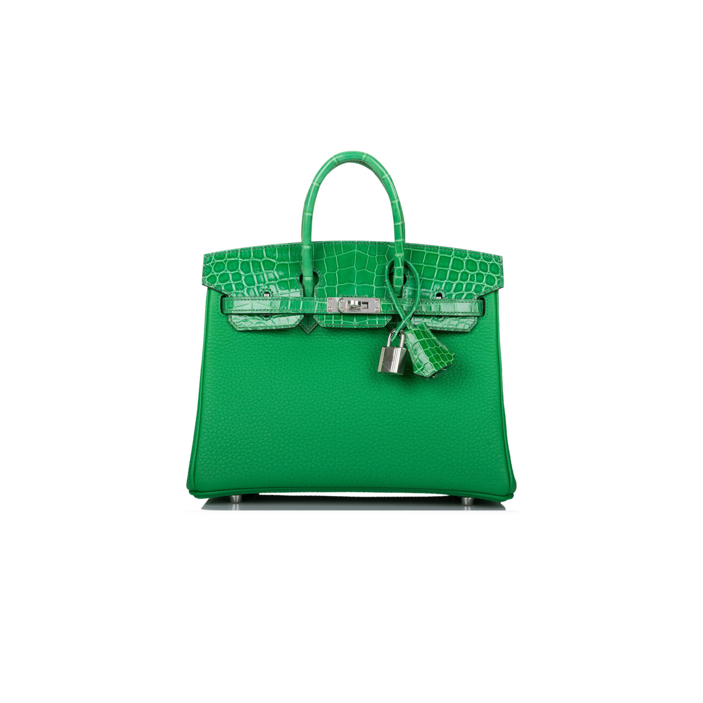 HERMÈS MASTER BIRKIN 25 CROCODILE AND TOGO LEATHER BAMBOO GREEN SILVER BUCKLE H076216CK21 (25*20*13cm)